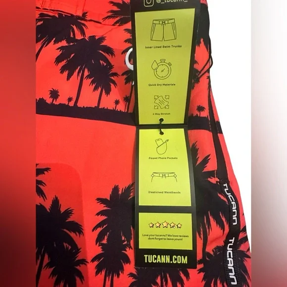 NWT Tucann Black Orange Palm 3” Swim Shorts - Mens Size Large